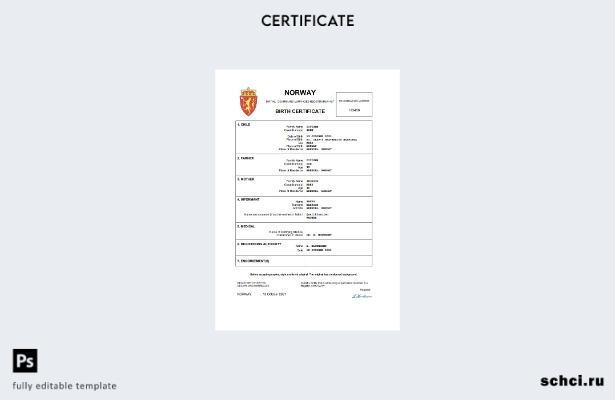 цифровая загрузка свидетельства о рождении в Норвегии в формате Word и PDF шабло